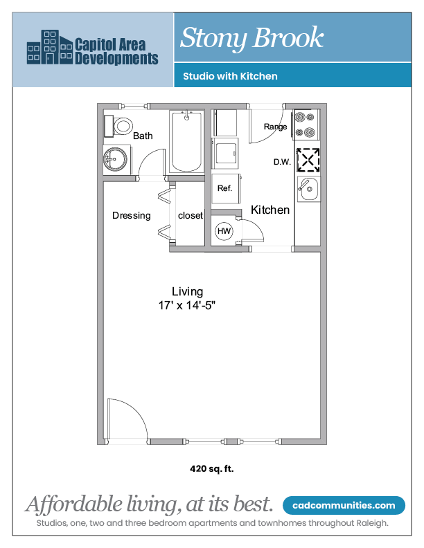 Floor plan for studio, 1 bath, 420 sqft